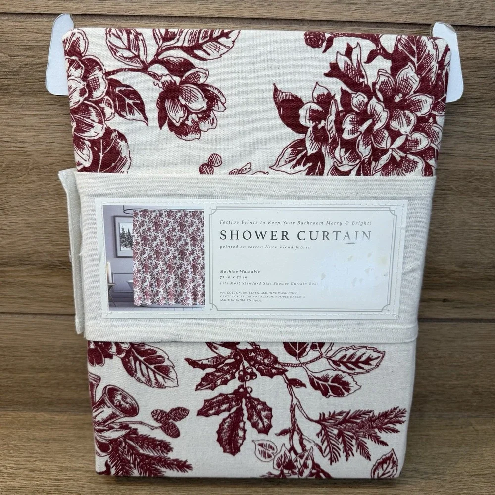 Envogue Holiday Collection Shower Curtain Cream Burgundy Winter Cardinal Toile